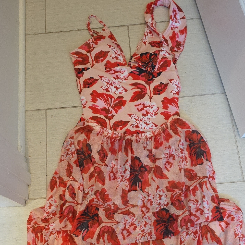 Floral Red and Pink Bathing Suit And Skirt